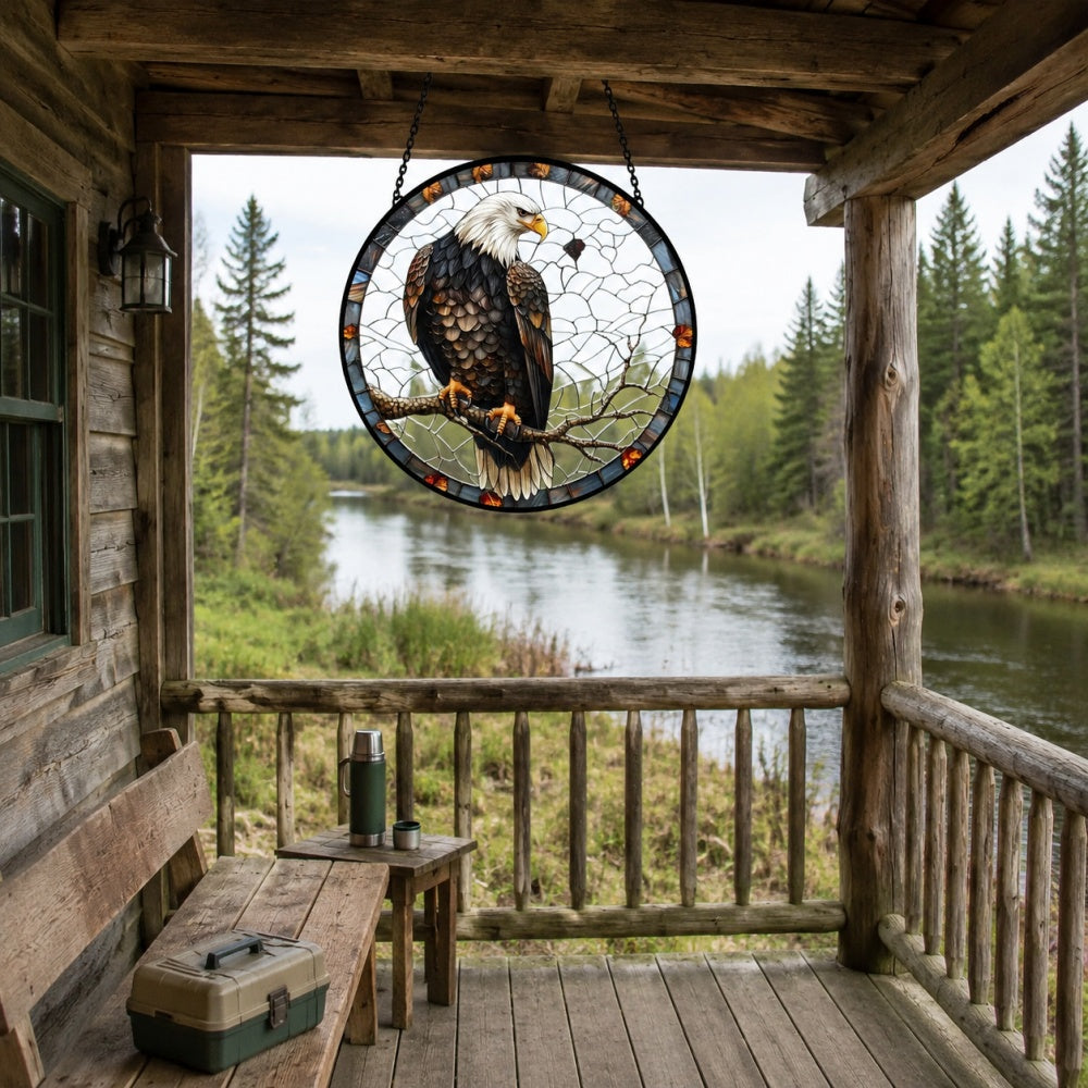Bald eagle perched stained glass suncatcher window hanging, suitable for home and garden decoration
