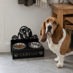 Personalized basset hound metal dog bowl stand with custom name cutout and two removable feeding bowls