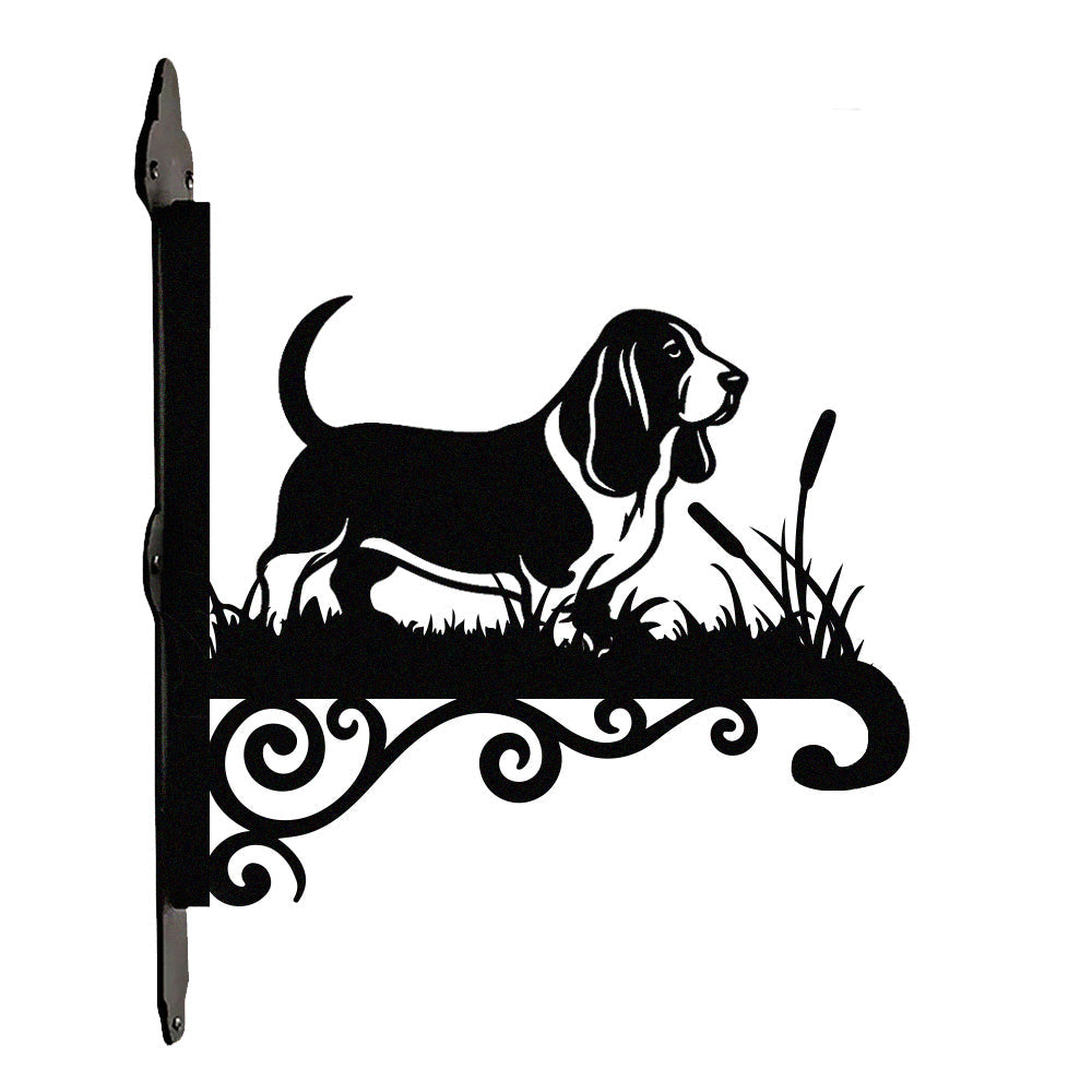 Basset hound metal hanging basket bracket mounted on outdoor wall for plant decoration