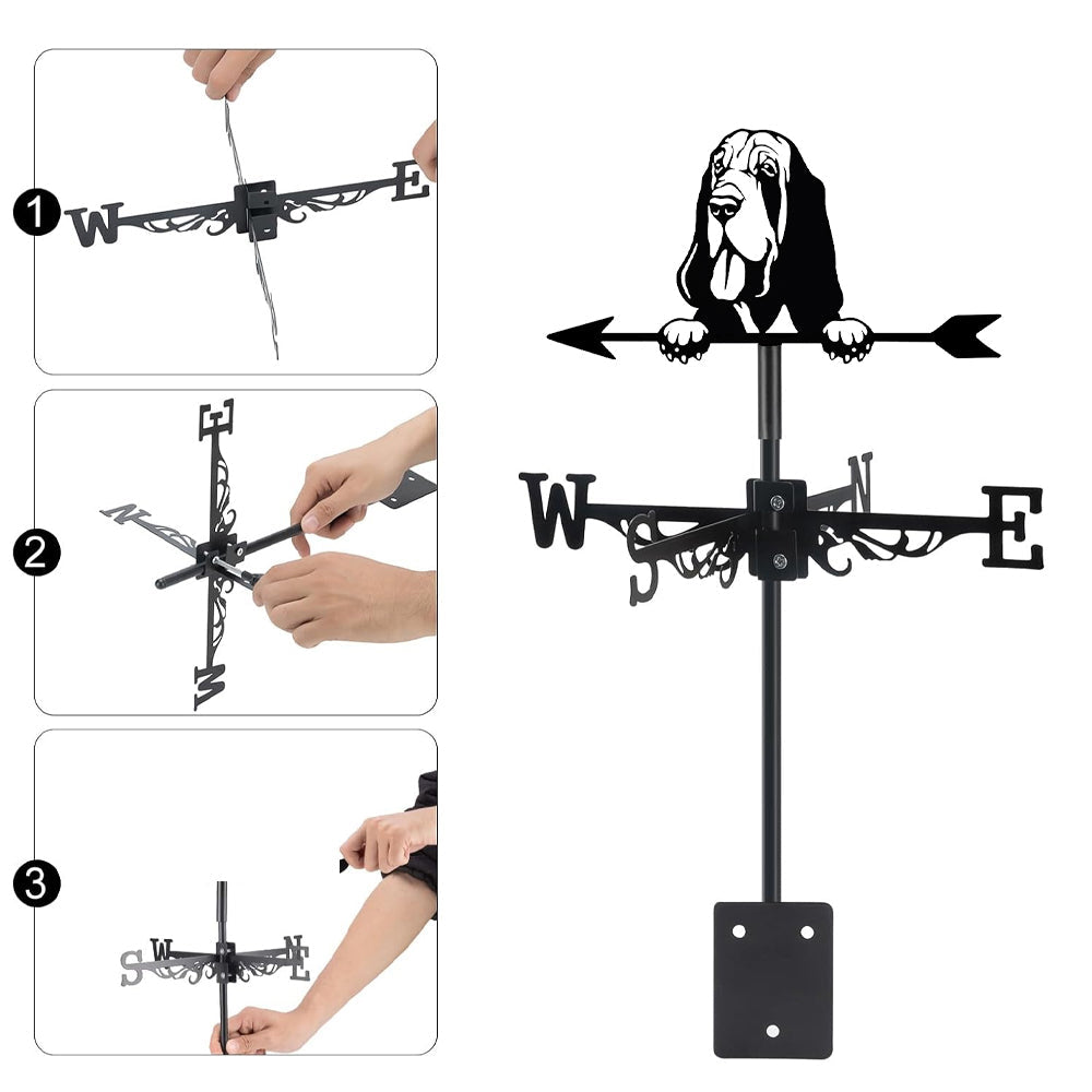 Basset Hound metal weather vane with directional arrows and mounting rod, outdoor roof and garden decoration