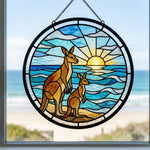 Beach sunrise kangaroo family stained glass suncatcher window hanging, suitable for home and garden decoration