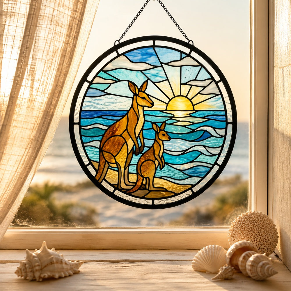 Beach sunrise kangaroo family stained glass suncatcher window hanging, suitable for home and garden decoration