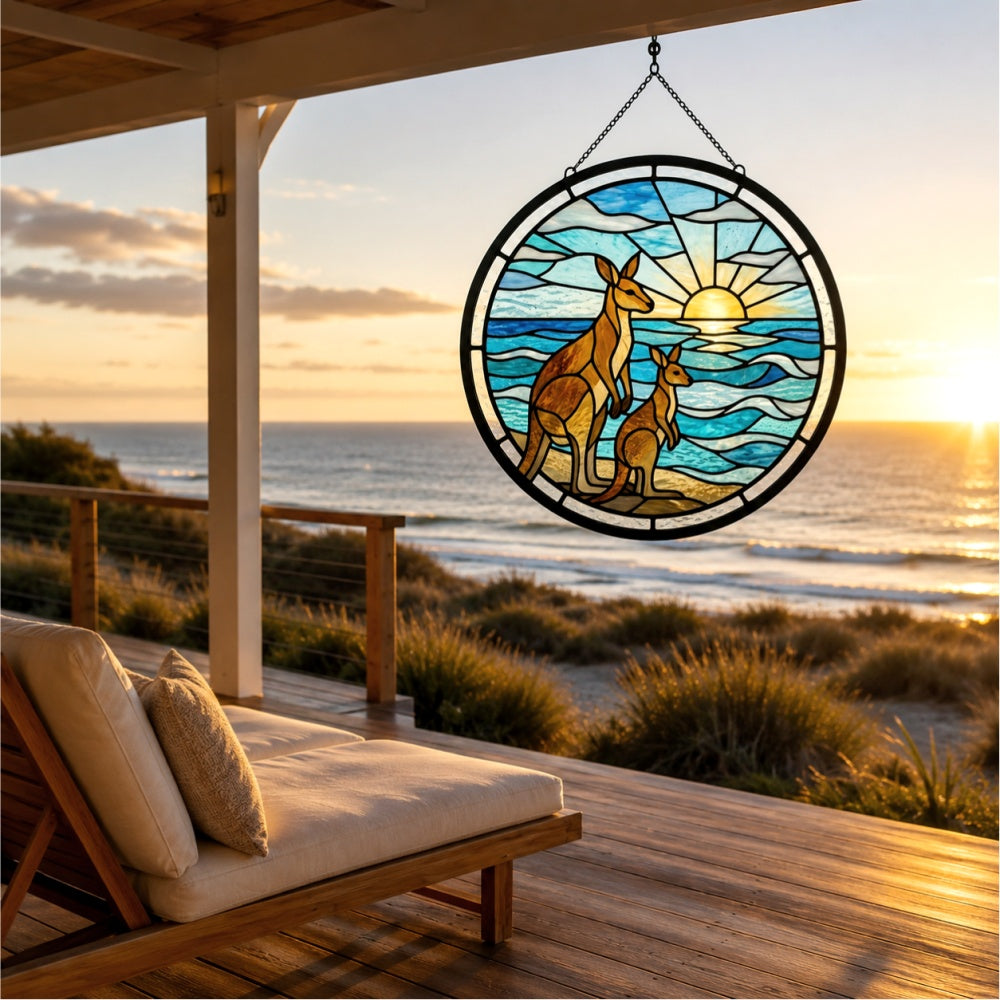 Beach sunrise kangaroo family stained glass suncatcher window hanging, suitable for home and garden decoration