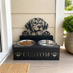 Personalized beagle metal dog bowl stand with custom name cutout and two removable feeding bowls