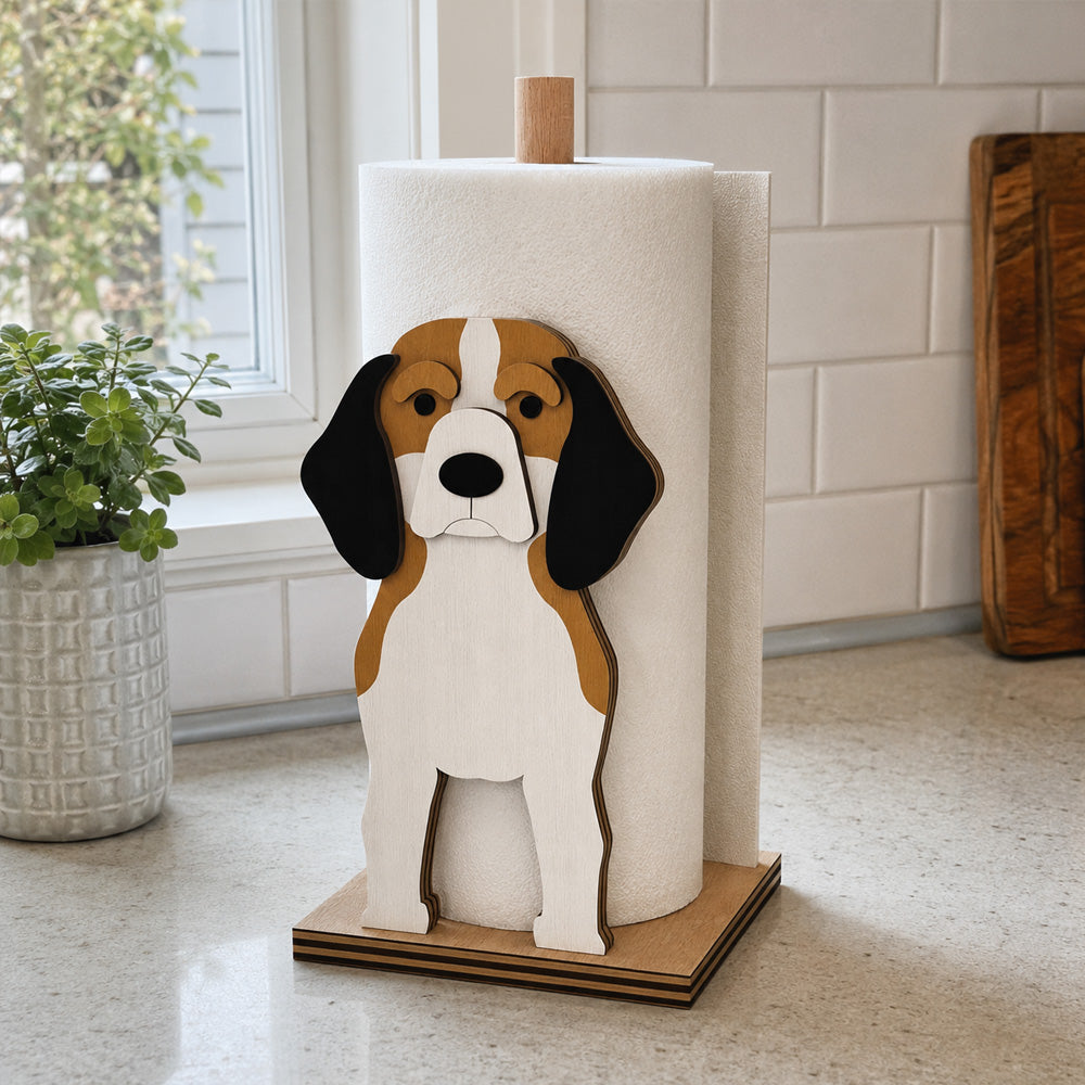 Beagle Wooden Dog Paper Towel Holder displayed on a kitchen countertop with a freestanding paper towel roll