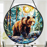 Bear in forest stained glass suncatcher window hanging, suitable for home and garden decoration