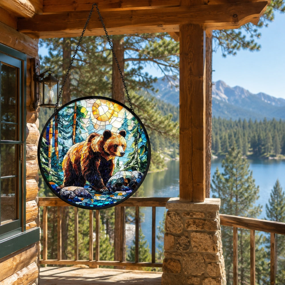 Bear in forest stained glass suncatcher window hanging, suitable for home and garden decoration