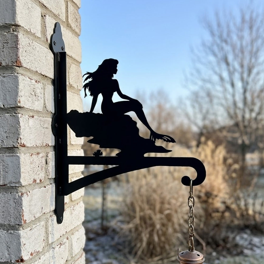Beautiful mermaid metal hanging basket bracket mounted on outdoor wall for plant decoration