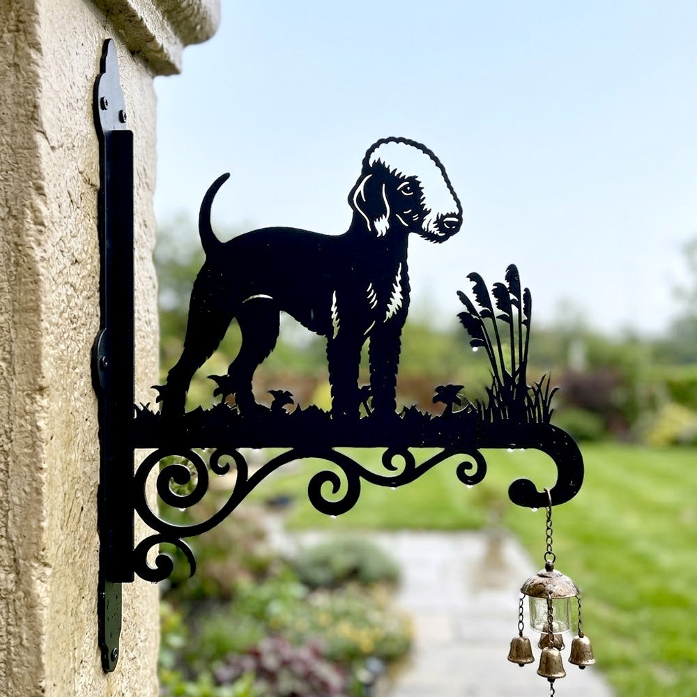 Bedlington terrier metal hanging basket bracket mounted on outdoor wall for plant decoration