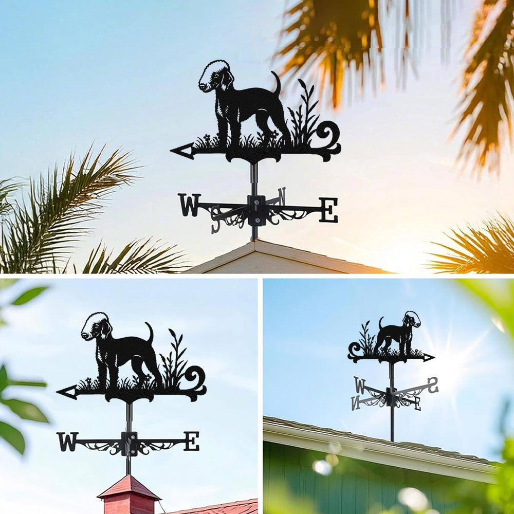 Bedlington terrier metal weather vane with directional arrows and mounting rod, outdoor roof and garden decoration