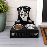 Personalized bernese mountain dog metal dog bowl stand with custom name cutout and two removable feeding bowls