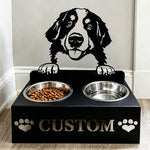 Personalized bernese mountain dog metal dog bowl stand with custom name cutout and two removable feeding bowls