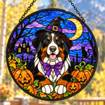 Bernese Mountain Dog Halloween stained glass suncatcher window hanging, suitable for home and garden decoration