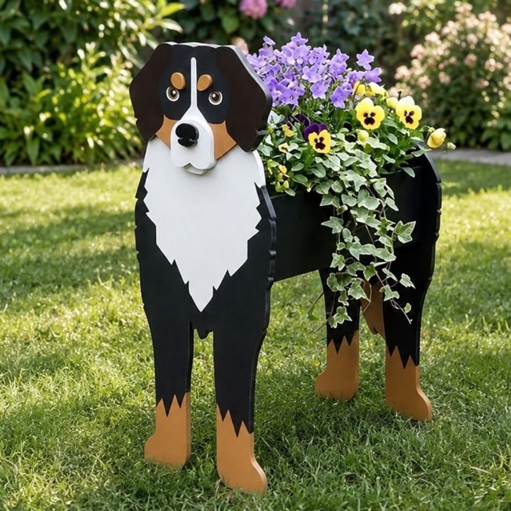 Bernese Mountain dog planter filled with fresh flowers is placed in the garden
