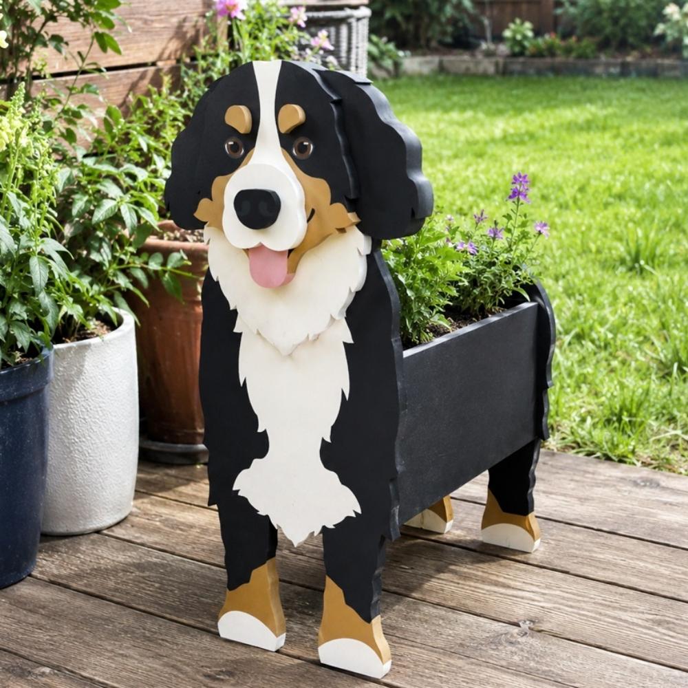 Bernese Mountain dog planter filled with fresh flowers is placed in the garden