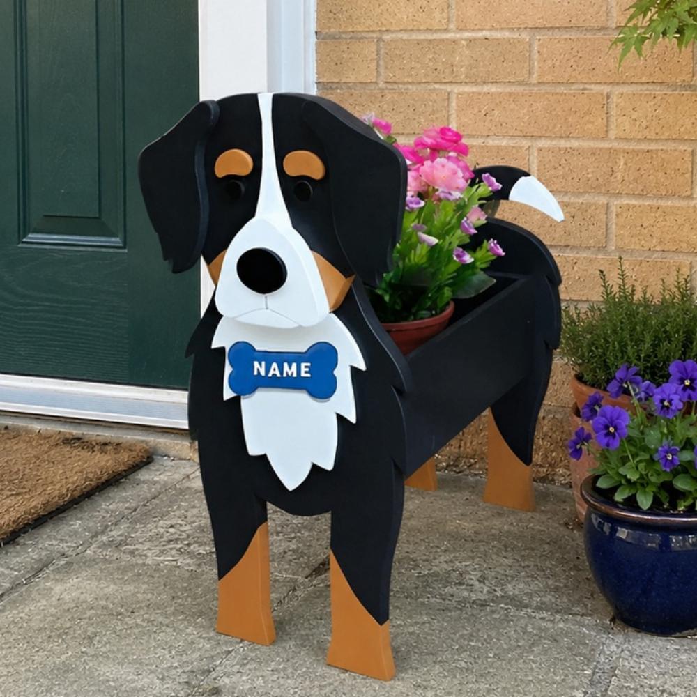 Bernese Mountain dog planter filled with fresh flowers is placed in the garden