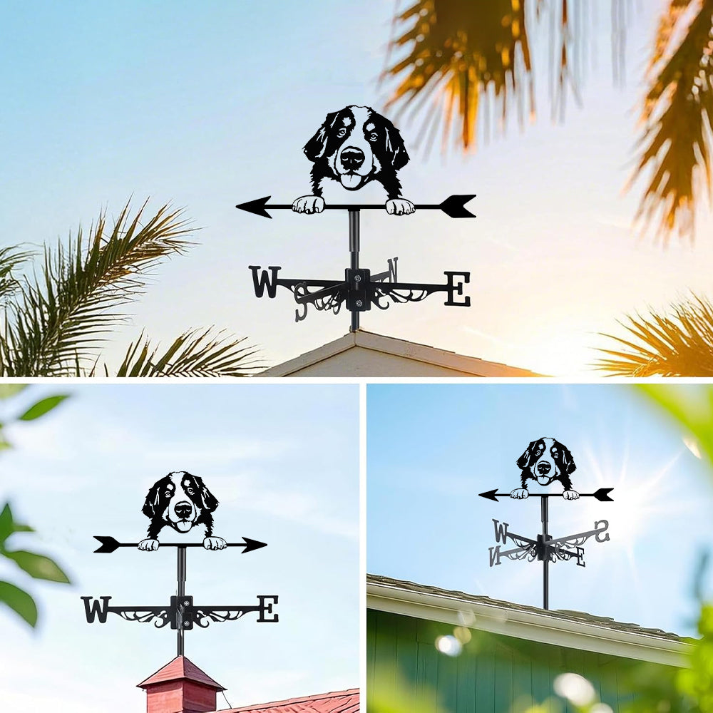 Bernese Mountain Dog metal weather vane with directional arrows and mounting rod, outdoor roof and garden decoration