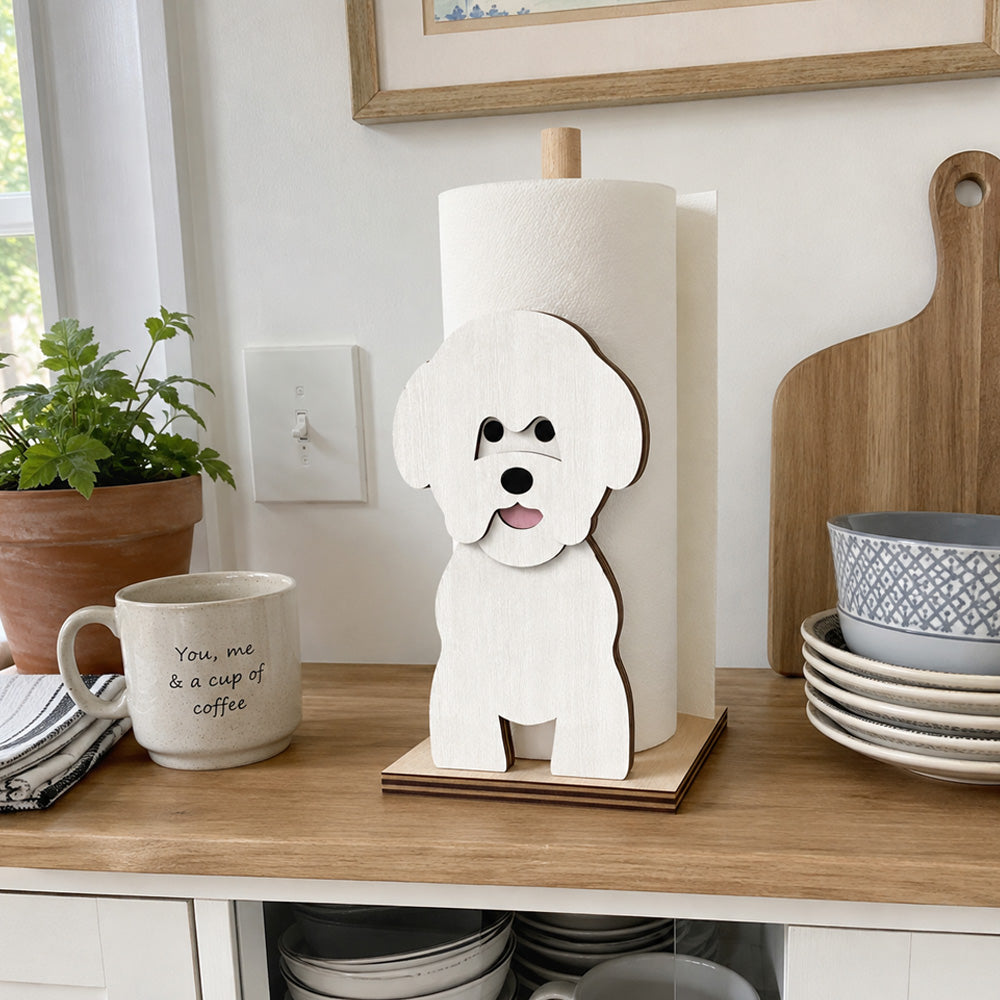 Bichon Friese Wooden Dog Paper Towel Holder displayed on a kitchen countertop with a freestanding paper towel roll