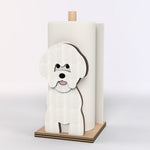 Bichon Friese Wooden Dog Paper Towel Holder displayed on a kitchen countertop with a freestanding paper towel roll