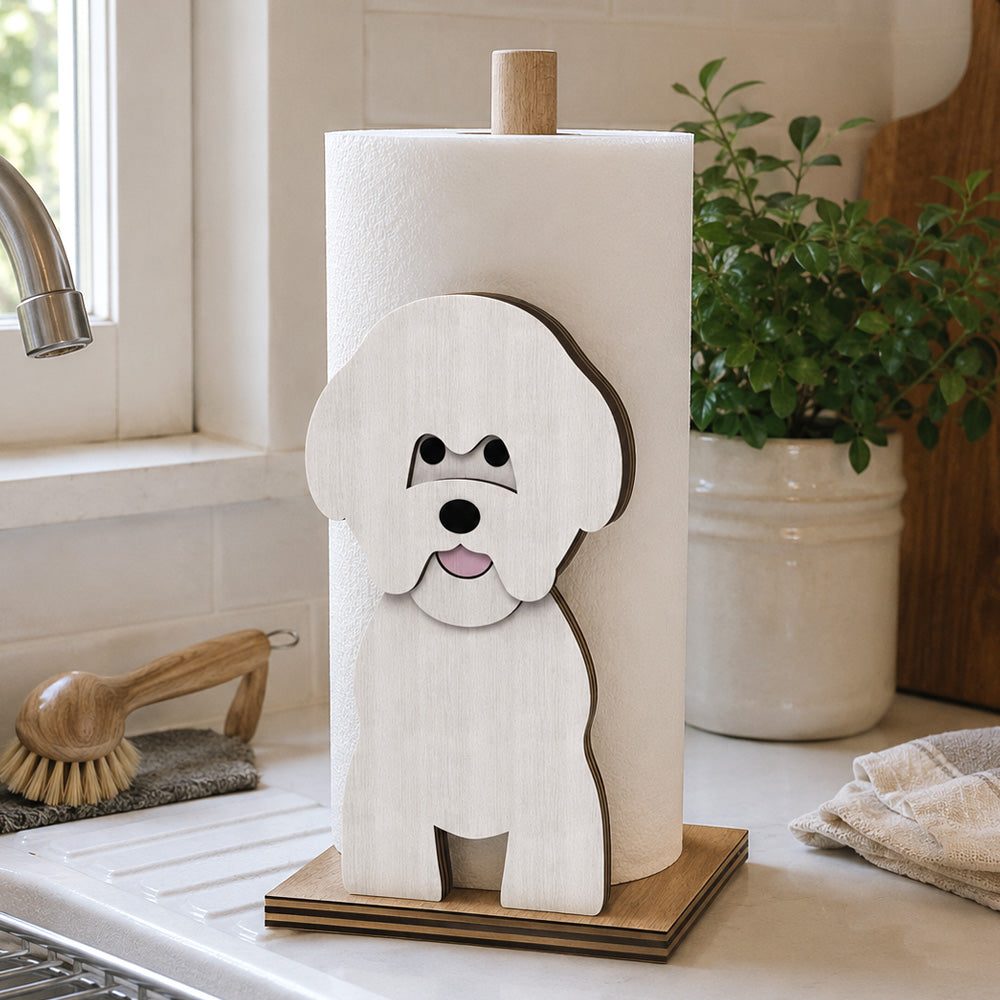 Bichon Friese Wooden Dog Paper Towel Holder displayed on a kitchen countertop with a freestanding paper towel roll