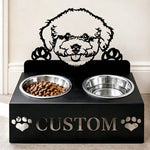 Personalized bichon frise metal dog bowl stand with custom name cutout and two removable feeding bowls