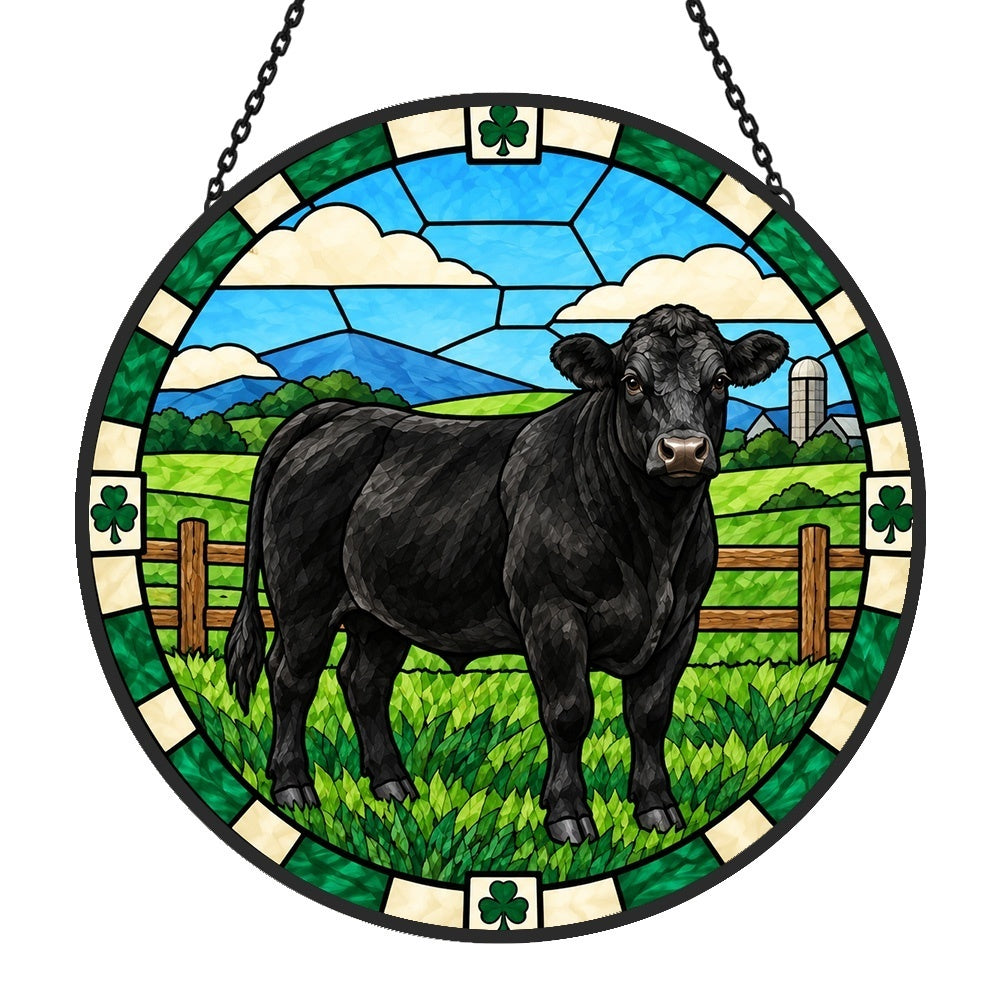 Black angus cattle stained glass suncatcher window hanging, suitable for home and garden decoration