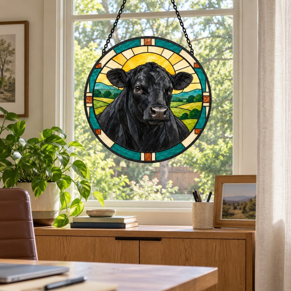 Black angus cattle stained glass suncatcher window hanging, suitable for home and garden decoration