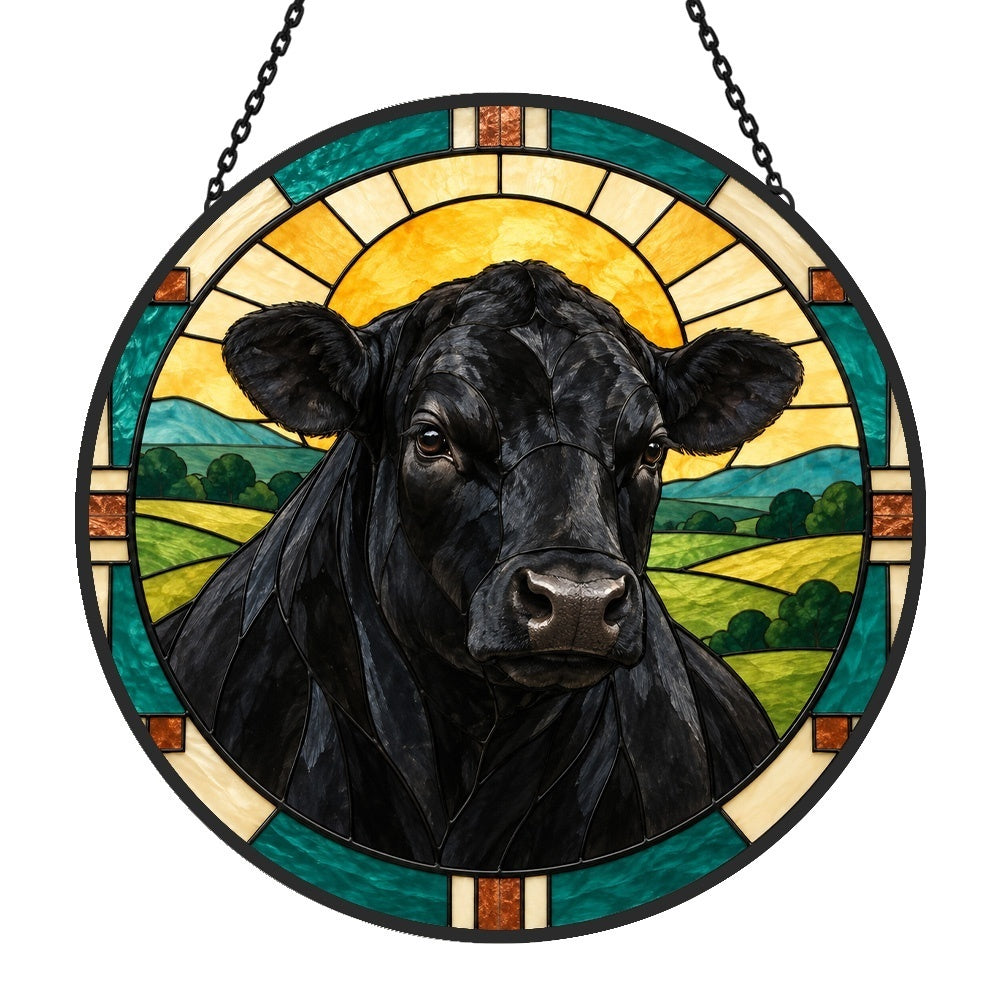 Black angus cattle stained glass suncatcher window hanging, suitable for home and garden decoration