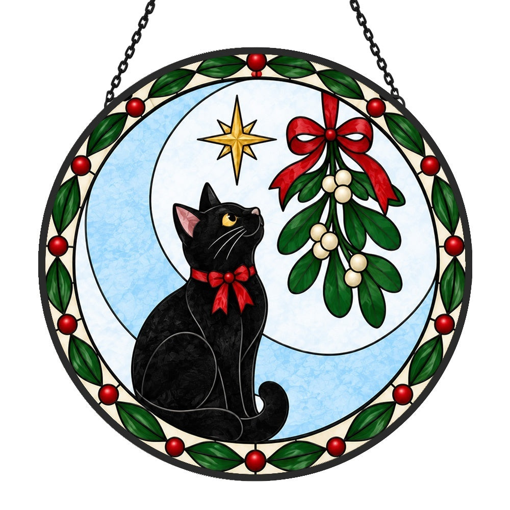 Black cat and mistleto christmas stained glass suncatcher window hanging, suitable for home and garden decoration