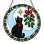Black cat and mistleto christmas stained glass suncatcher window hanging, suitable for home and garden decoration