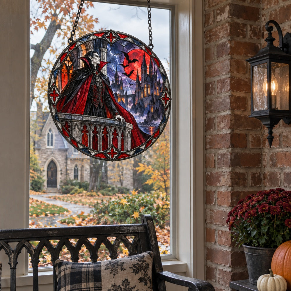 Blood Moon Castle Vampire Halloween stained glass suncatcher window hanging, suitable for home and garden decoration