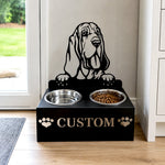 Personalized bloodhound metal dog bowl stand with custom name cutout and two removable feeding bowls