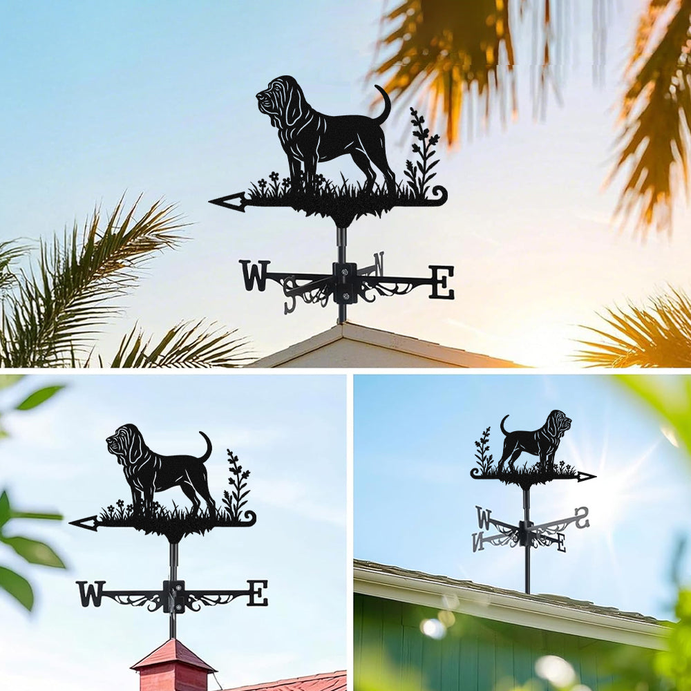 Bloodhound metal weather vane with directional arrows and mounting rod, outdoor roof and garden decoration