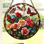 Blooming roses monarch butterflies stained glass suncatcher window hanging, suitable for home and garden decoration