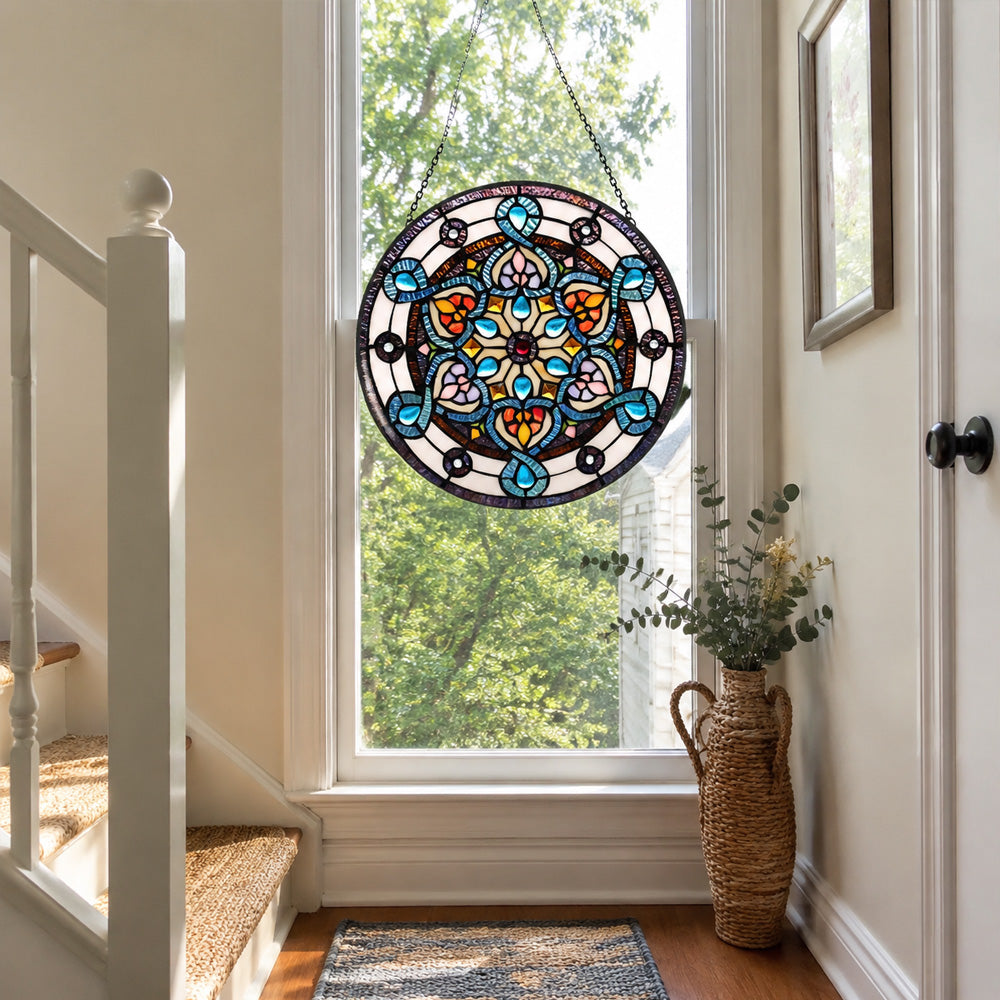 Blue mandala kaleidoscope stained glass suncatcher window hanging, suitable for home and garden decoration