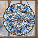 Blue mandala snowflake stained glass suncatcher window hanging, suitable for home and garden decoration