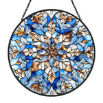 Blue mandala snowflake stained glass suncatcher window hanging, suitable for home and garden decoration