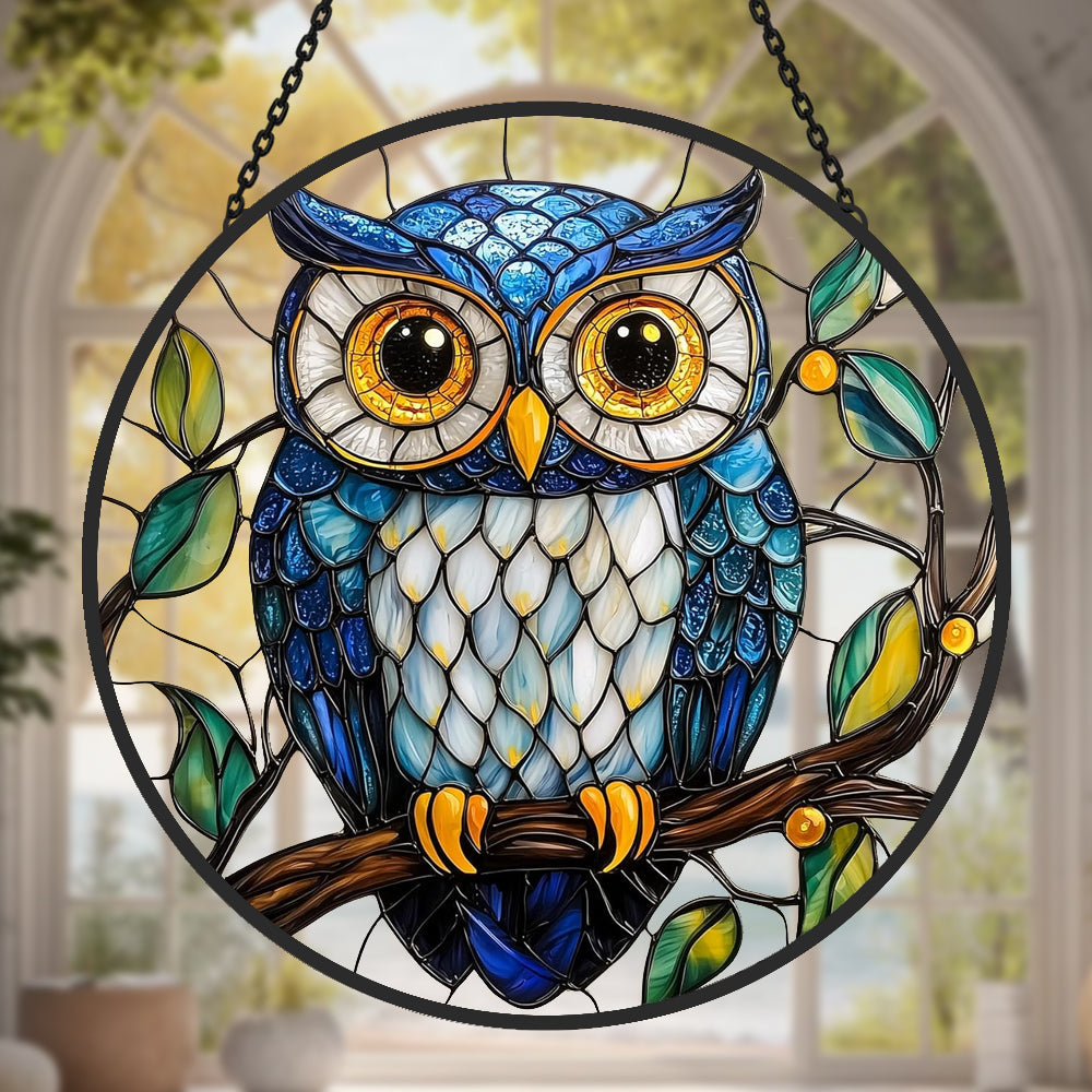 Blue owl stained glass suncatcher window hanging, suitable for home and garden decoration