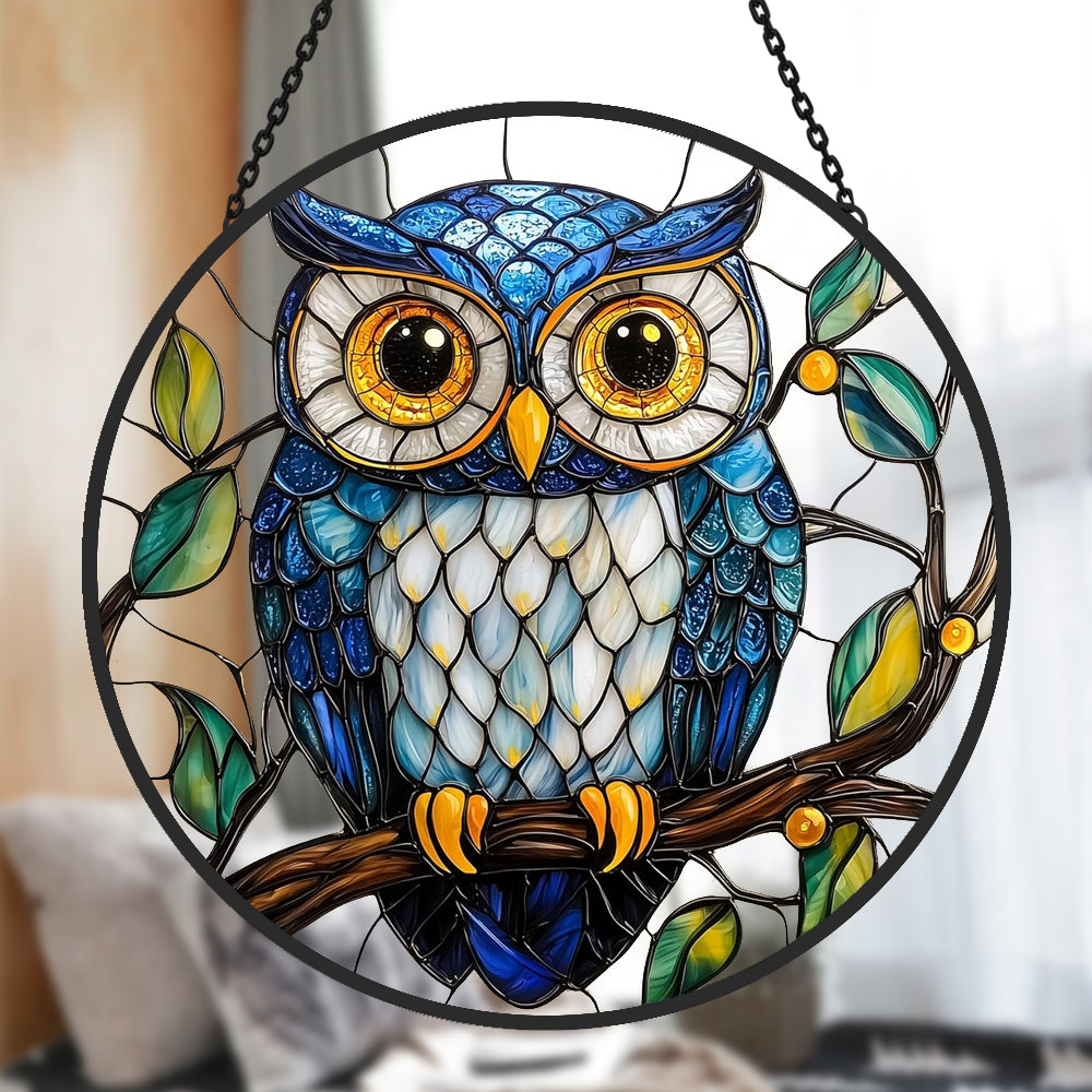 Blue owl stained glass suncatcher window hanging, suitable for home and garden decoration