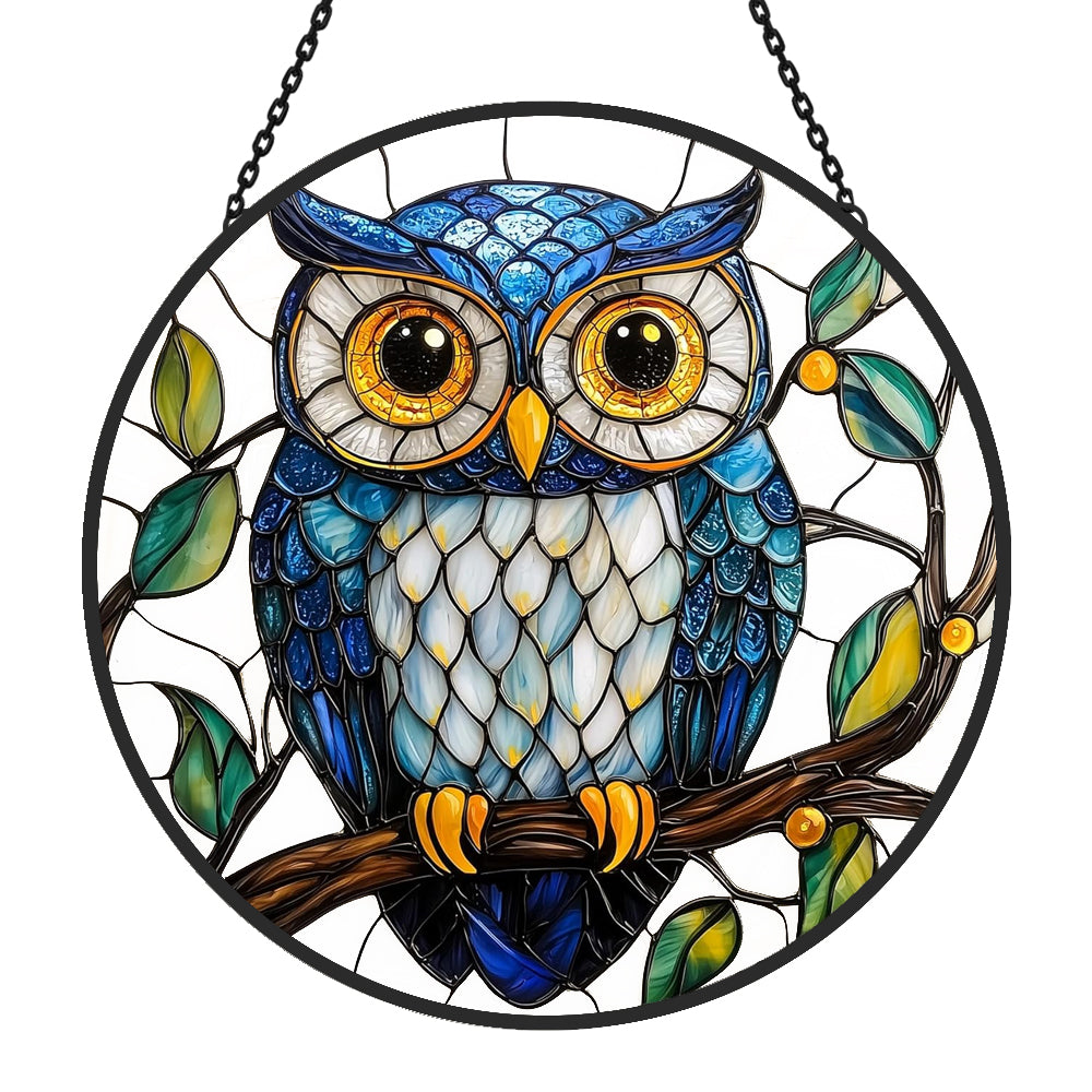 Blue owl stained glass suncatcher window hanging, suitable for home and garden decoration