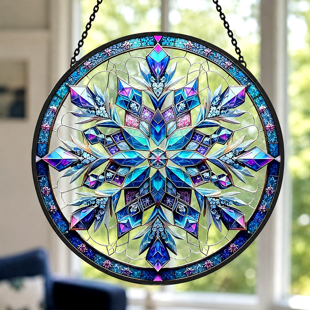 Blue snowflake stained glass suncatcher window hanging, suitable for home and garden decoration