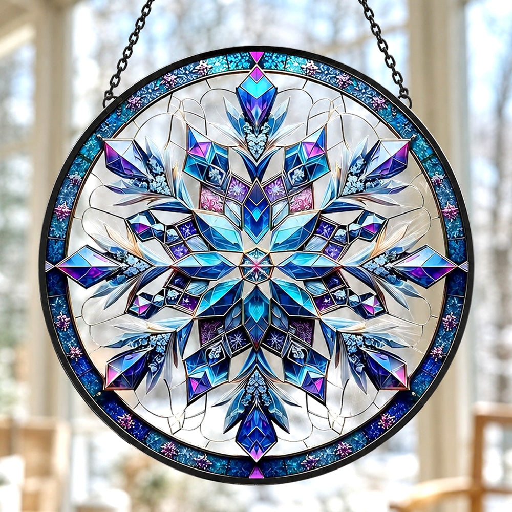 Blue snowflake stained glass suncatcher window hanging, suitable for home and garden decoration