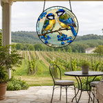 Blue tits on branch stained glass suncatcher window hanging, suitable for home and garden decoration