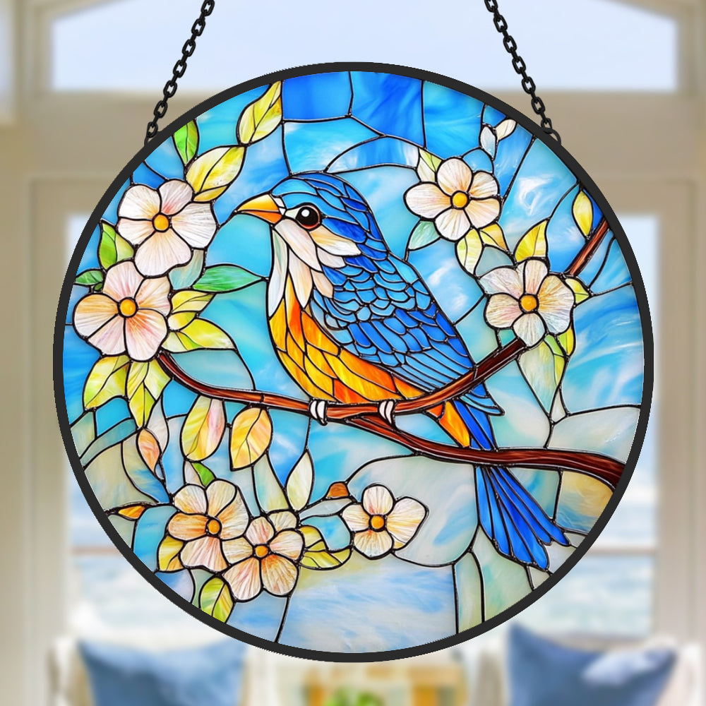 Bluebird on blossom branch stained glass suncatcher window hanging, suitable for home and garden decoration