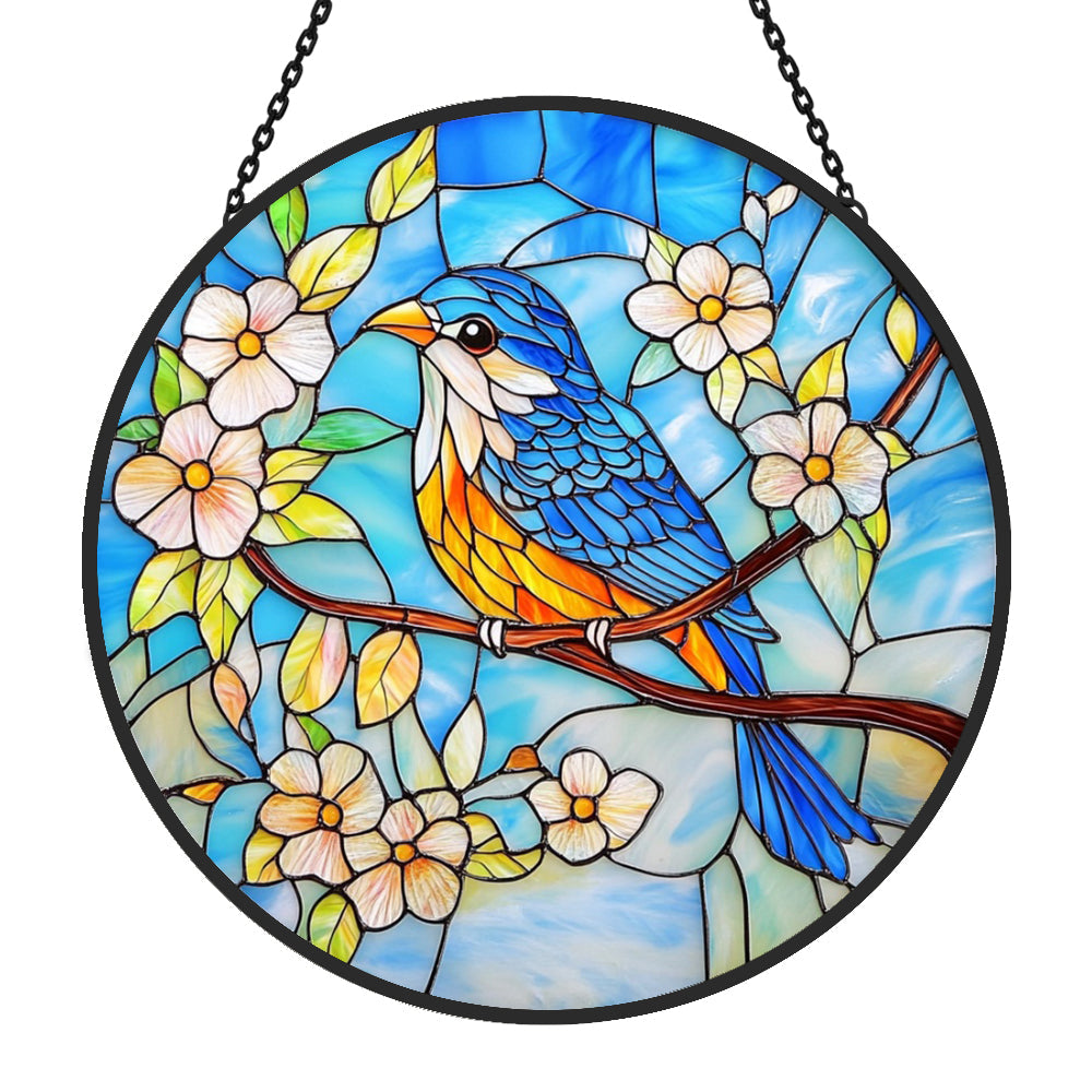 Bluebird on blossom branch stained glass suncatcher window hanging, suitable for home and garden decoration