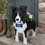 Border Collie dog planter filled with fresh flowers is placed in the garden