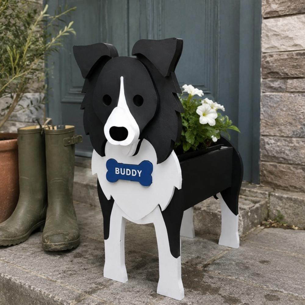 Border Collie dog planter filled with fresh flowers is placed in the garden