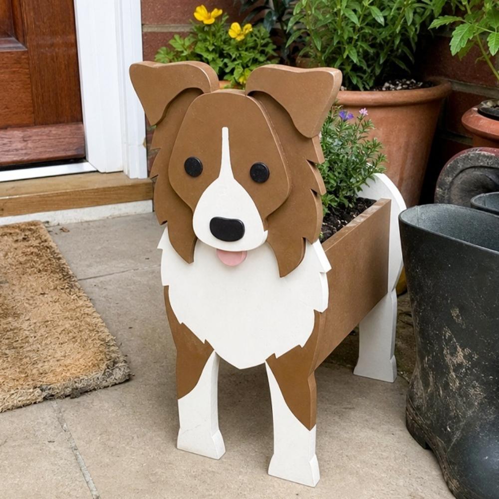Border Collie dog planter filled with fresh flowers is placed in the garden