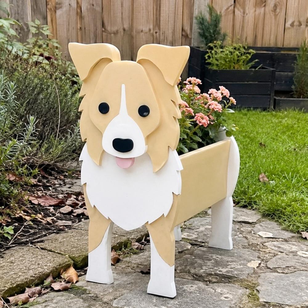 Border Collie dog planter filled with fresh flowers is placed in the garden