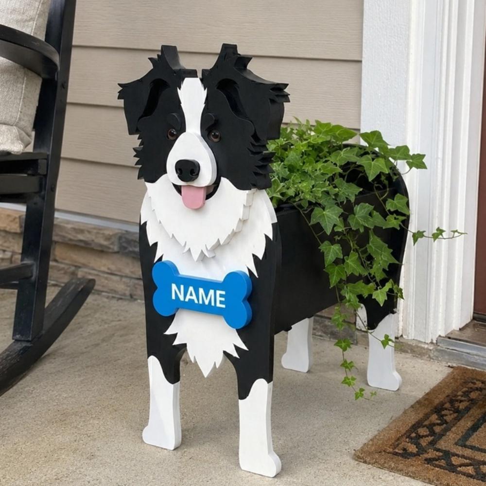 Border Collie dog planter filled with fresh flowers is placed in the garden